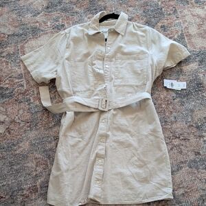 Beige Short Sleeve Belted Shirt Dress